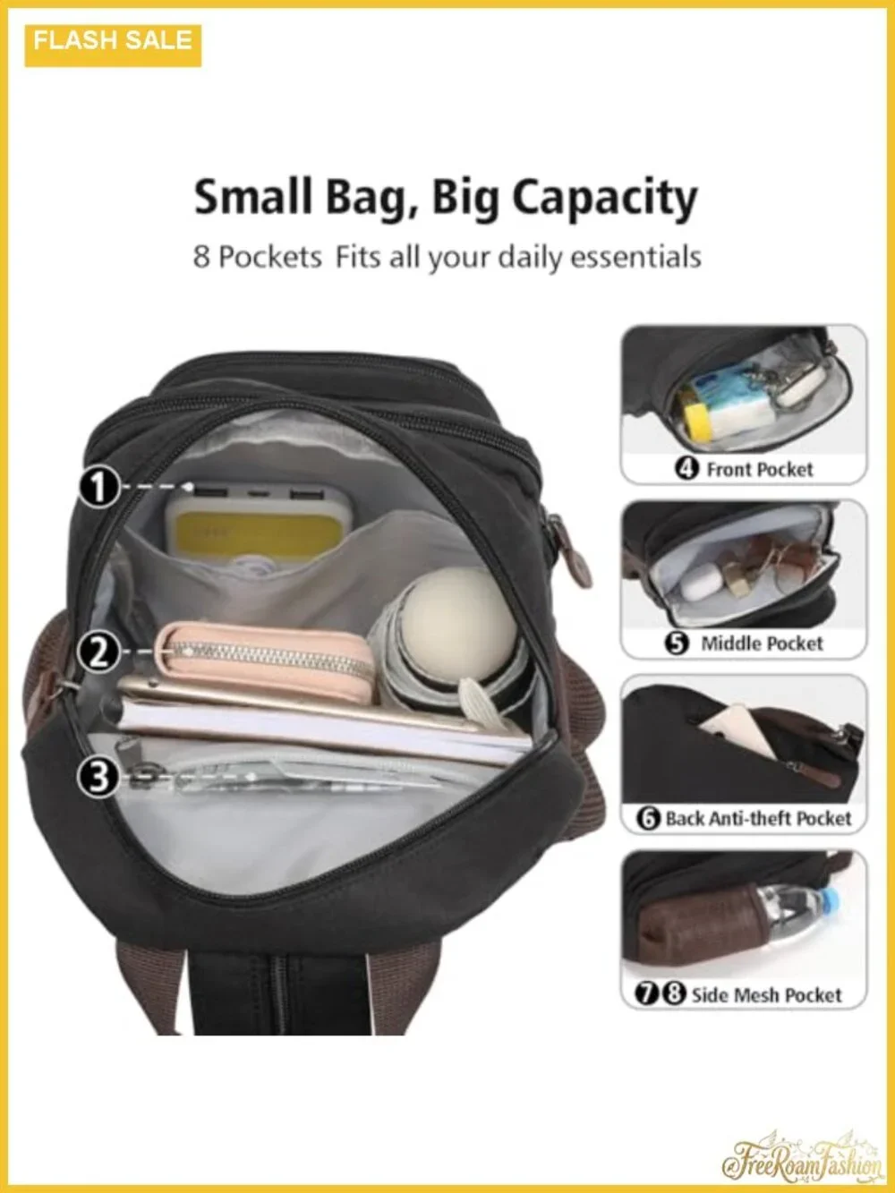 Convertible Sling Backpack Purse for Women, 8 Pockets Water Resistant, Fits 11